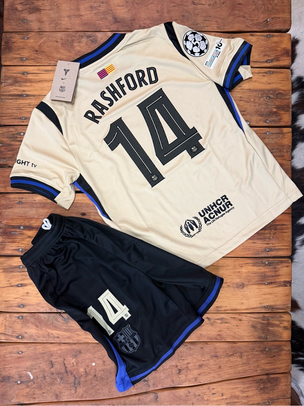 Nike kids 25/26 FCB Rashford Away soccer kit (jersey/shorts), full patches. NWT